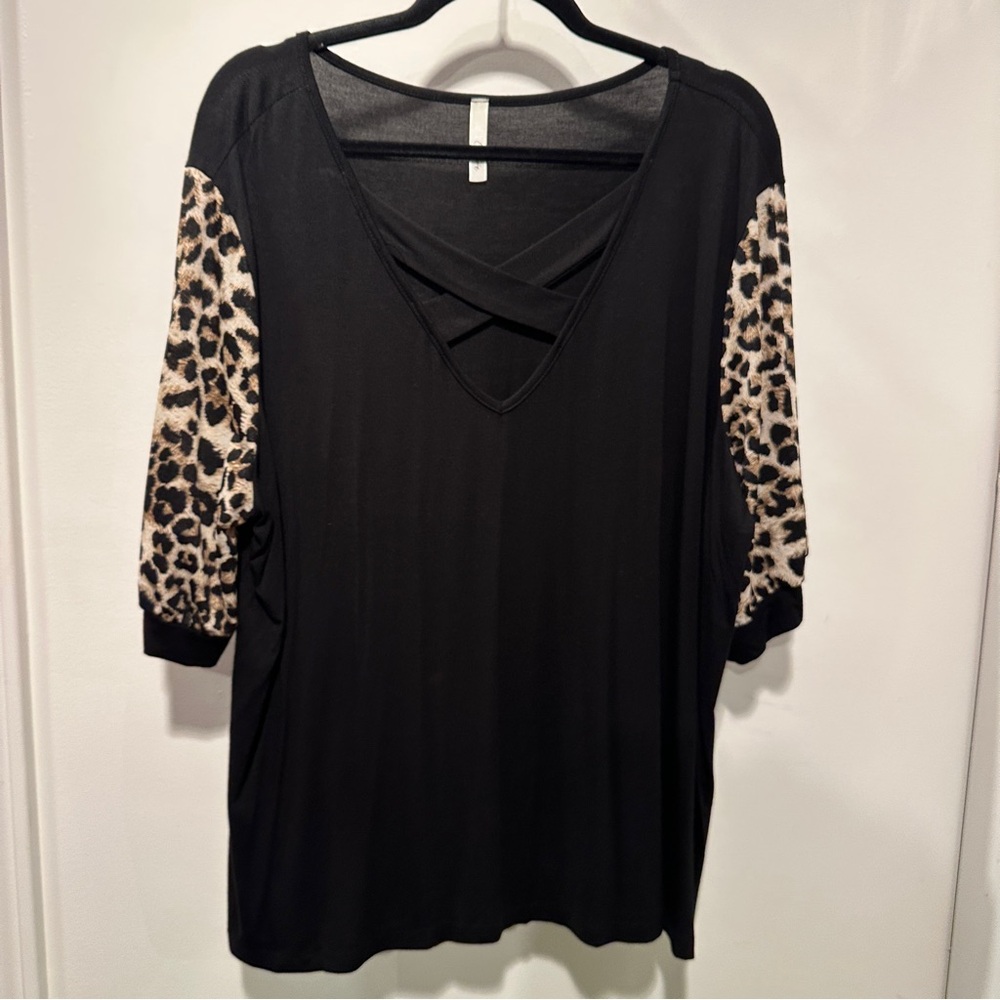 Celeste Black Blouse with Animal Print Sleeves 2X